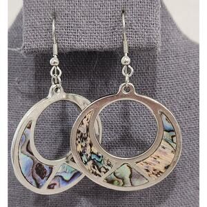 Silver Inlaid Abalone Shell Round Dangle Fish Hook Earrings 2.5 Inches Long